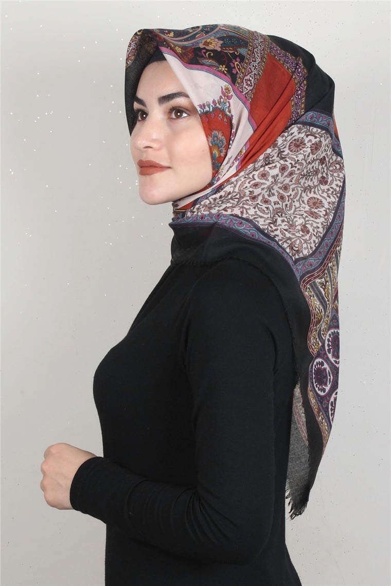 Coton Kare Eşarp 1679-4 Siyah