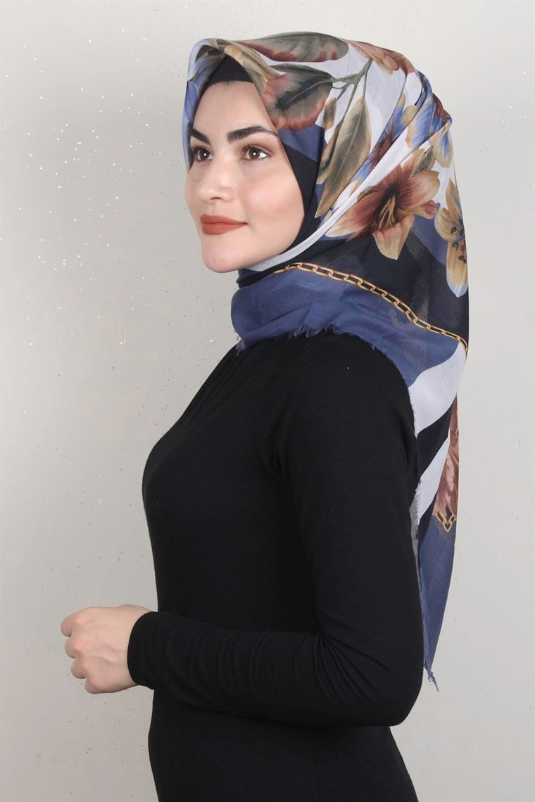 Coton Kare Eşarp 1684-10 İndigo