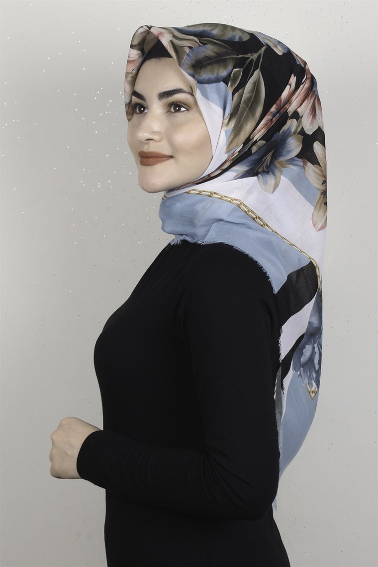 Coton Kare Eşarp 1684-8 Su Mavisi