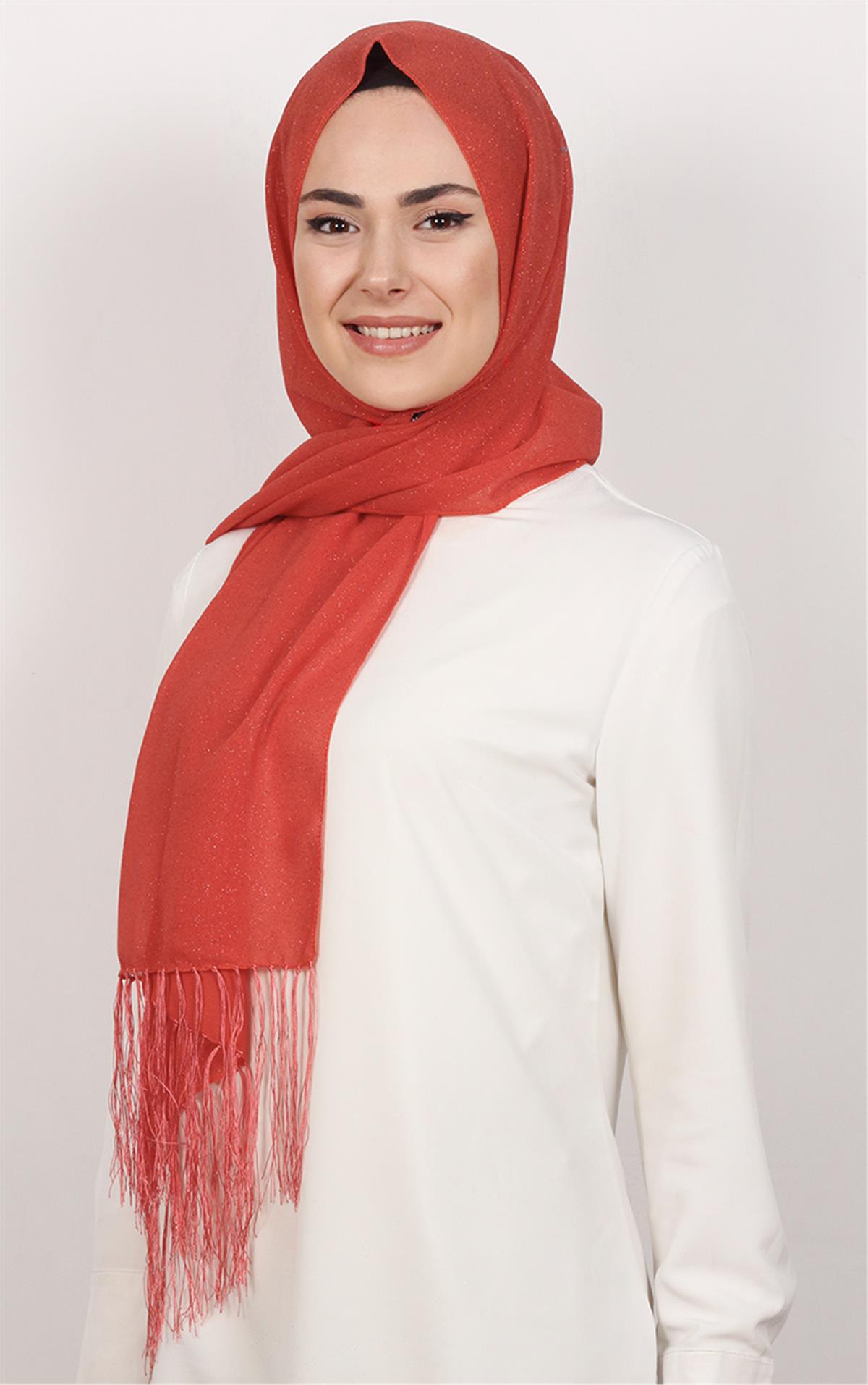 Fransız Simli Şal 2811-10 Mercan