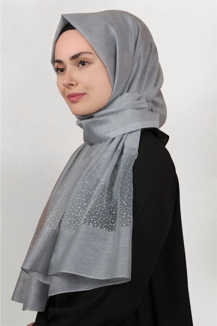 İpekli Taşlı Tül Şal 1067-31 Gümüş