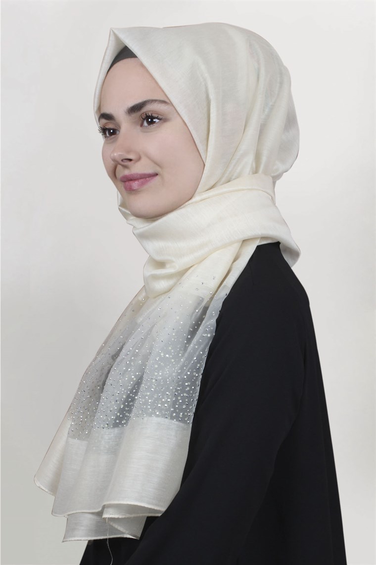 İpekli Taşlı Tül Şal 1067-32 Krem