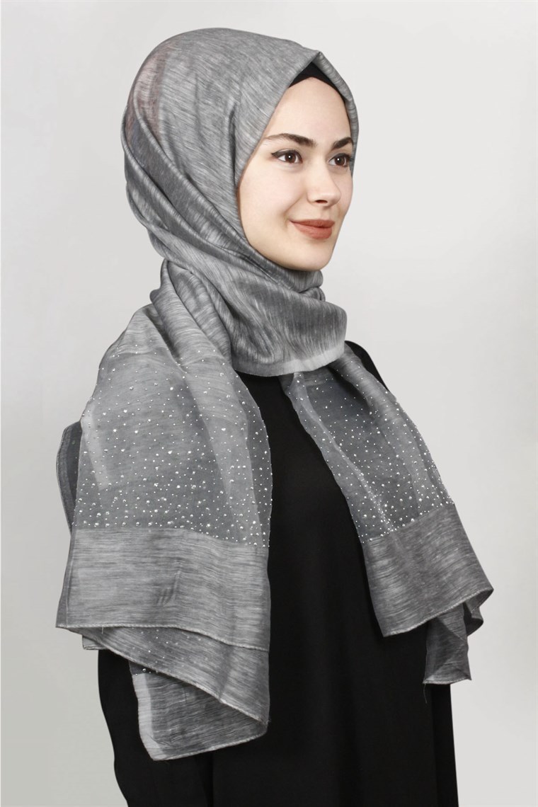 İpekli Taşlı Tül Şal 1067-41 Füme