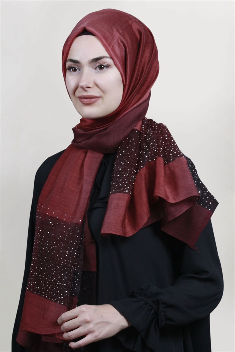 İpekli Taşlı Tül Şal 1067-47 Bordo