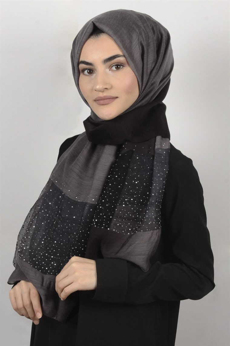 İpekli Taşlı Tül Şal 1067-49 Siyah-Füme