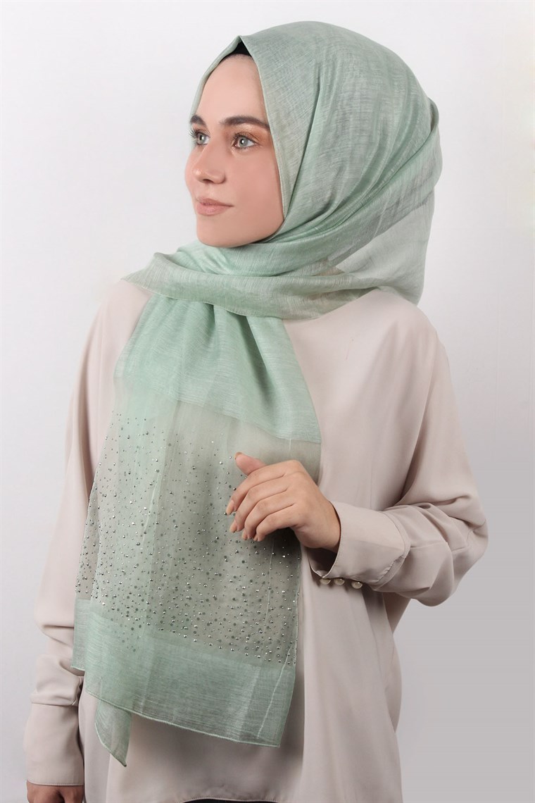 İpekli Taşlı Tül Şal 1067-57 Mint Yeşili