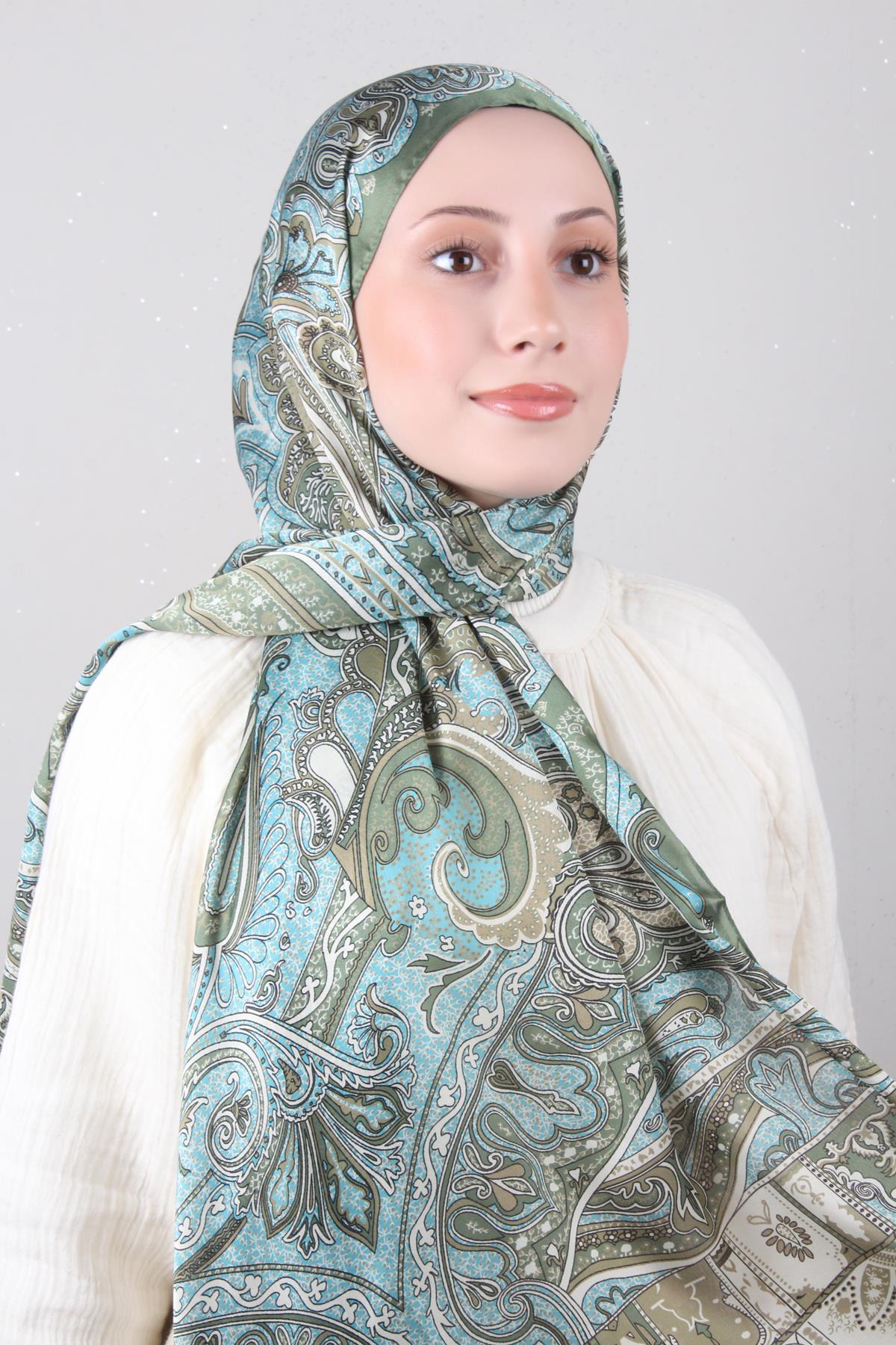 Linda Etnik Desen Şal 1717-10 Yeşil-Su Mavisi 