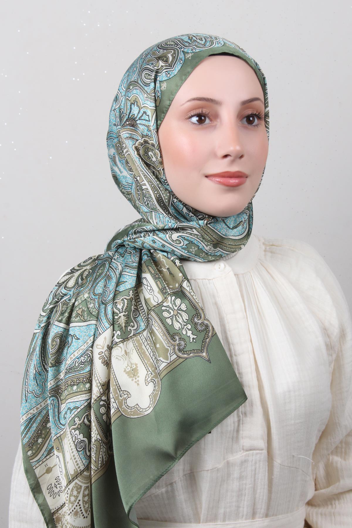 Linda Etnik Desen Şal 1717-10 Yeşil-Su Mavisi 