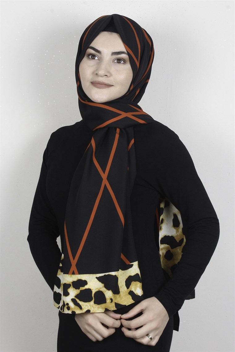 Medine Desenli Şal 1802-11 Siyah-Kiremit