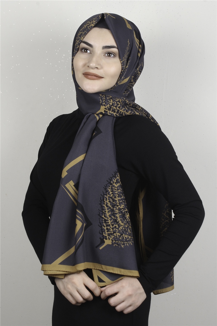 Medine Desenli Şal 1806-1 Yaprak Füme-Sarı