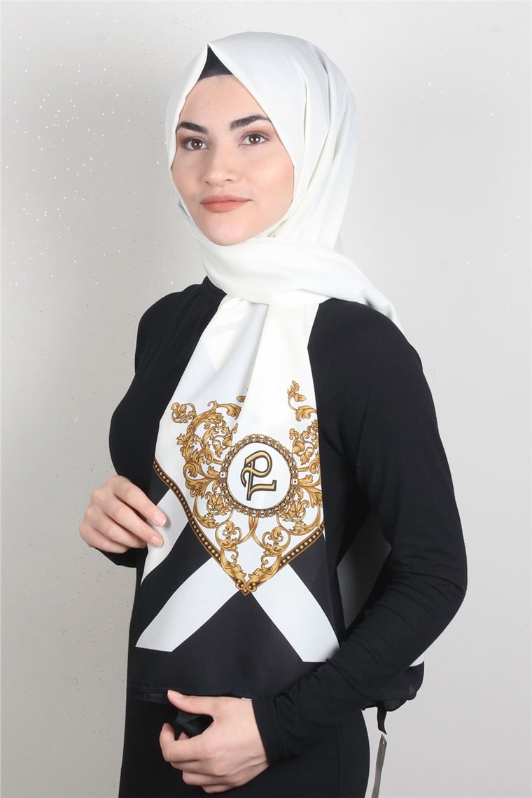 Medine Desenli Şal 1819-14 Ekru-Siyah