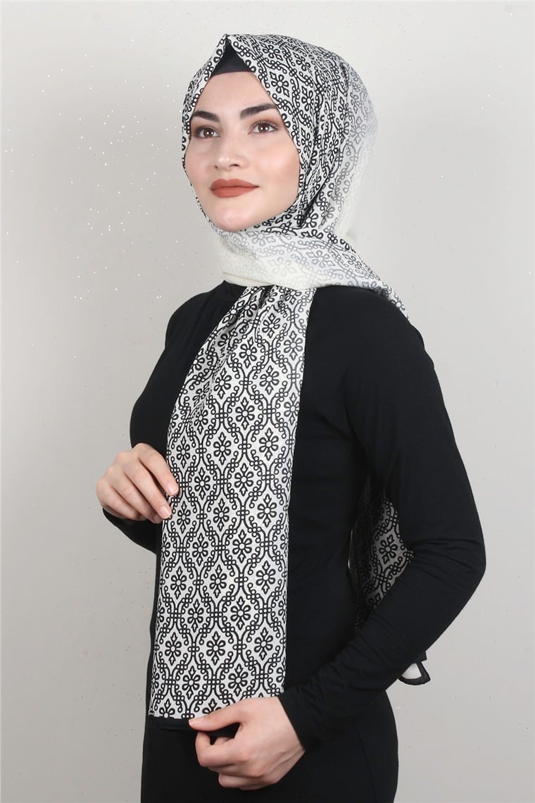 Medine Desenli Şal 1827-9 Etnik Beyaz-Siyah
