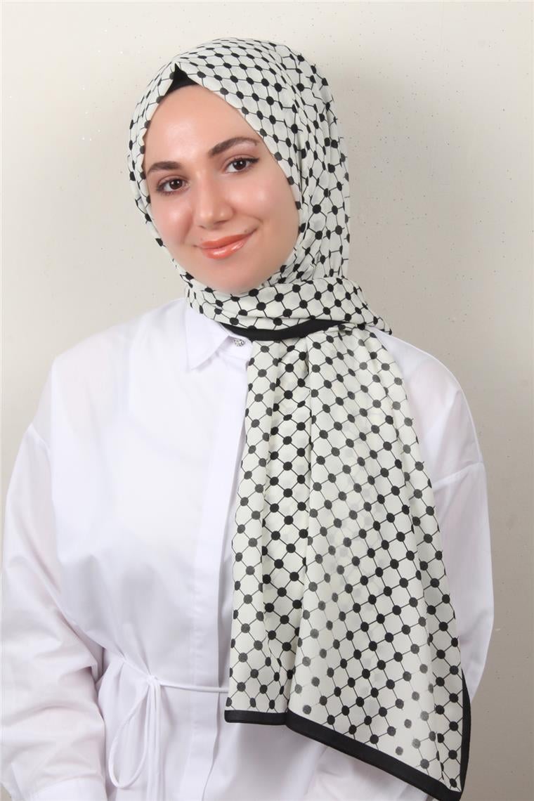Medine Desenli Şal 2422-10 Beyaz-Siyah