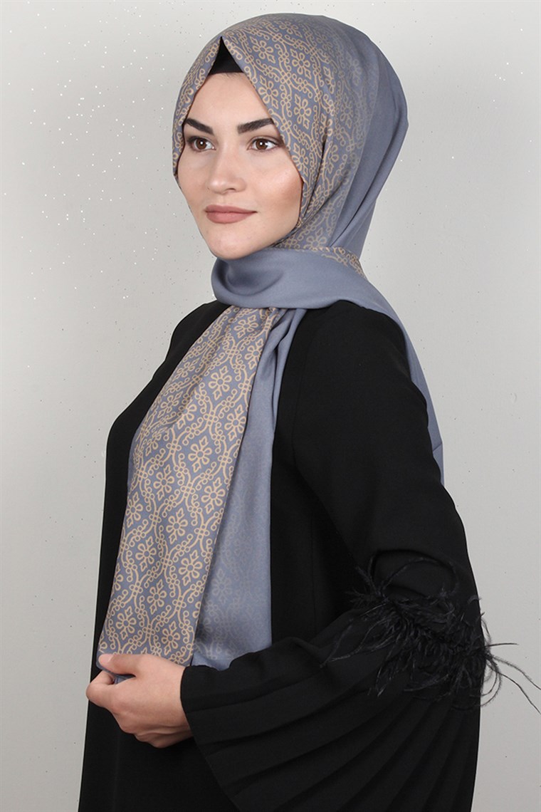 Medine Desenli Şal Eşarppark 1827-2 Füme-Sarı