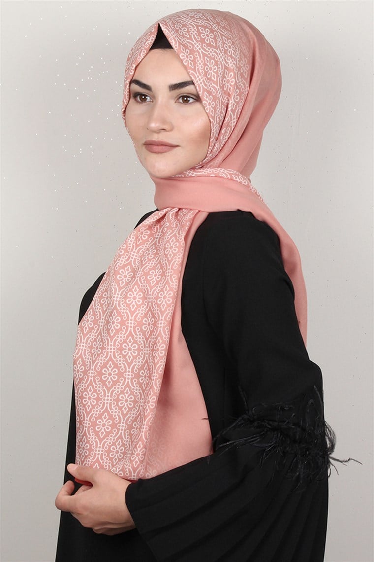Medine Desenli Şal Eşarppark 1827-6 Somon-Beyaz
