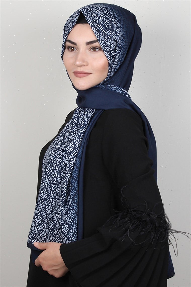 Medine Desenli Şal Eşarppark 1827-7 Lacivert-Beyaz