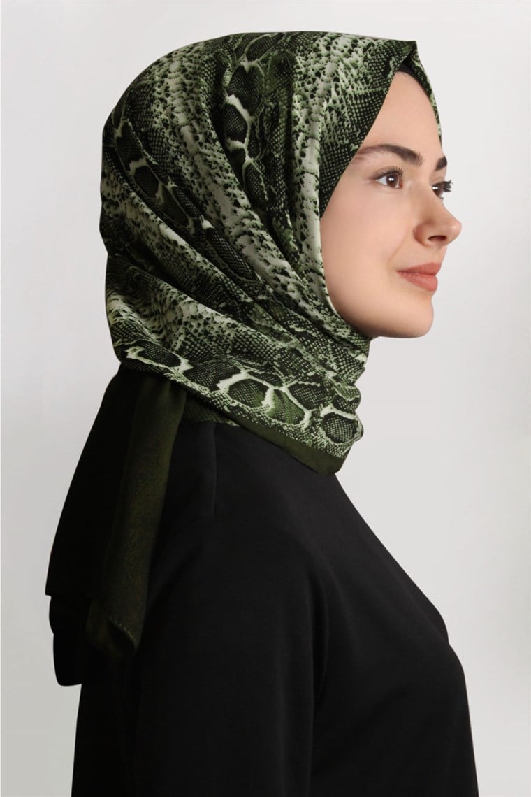Medine Desenli Şal Eşarppark 1840-12 Yılan Derisi Haki Yeşili