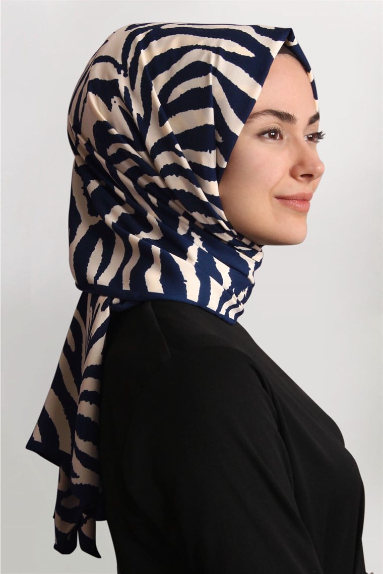 Medine Desenli Şal Eşarppark 1840-3 Lacivert-Beyaz Zebra