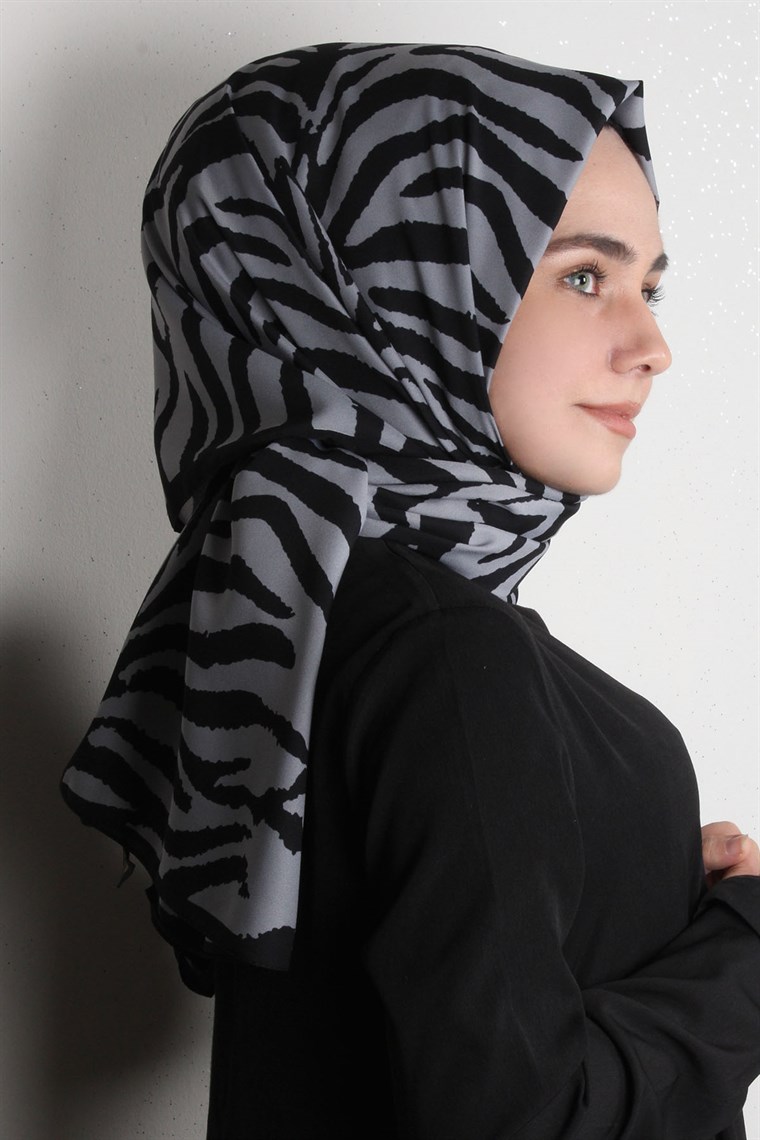 Medine Desenli Şal Eşarppark 1840-34 Zebra Siyah-Gri