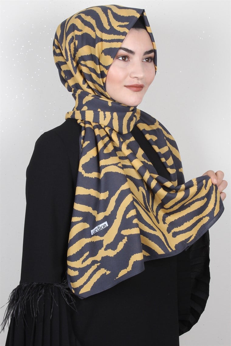 Medine Desenli Şal Eşarppark 1840-37 Zebra Hardal-Füme