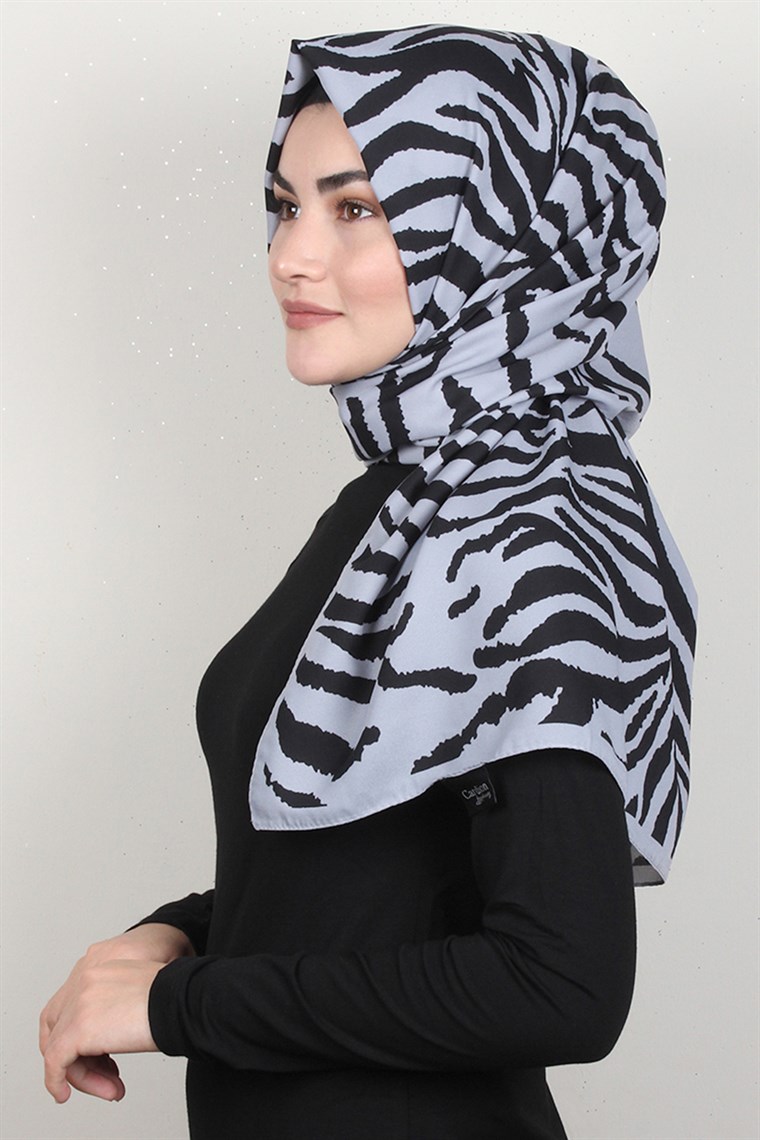 Medine Desenli Şal Eşarppark 1840-41 Zebra Gri-Siyah