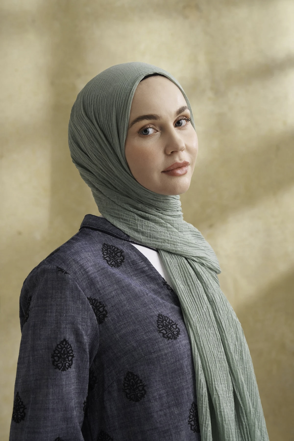 Müslin Yaprak Desen Şal 3351-173 Mint Yeşili 