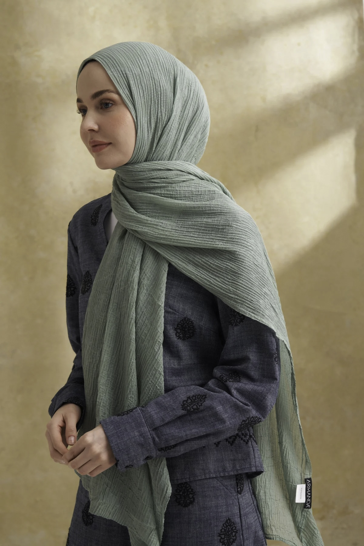 Müslin Yaprak Desen Şal 3351-173 Mint Yeşili 