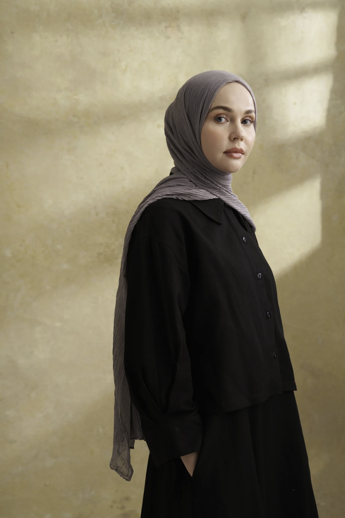 Müslin Yaprak Desen Şal 3351-179 Koyu Gri 