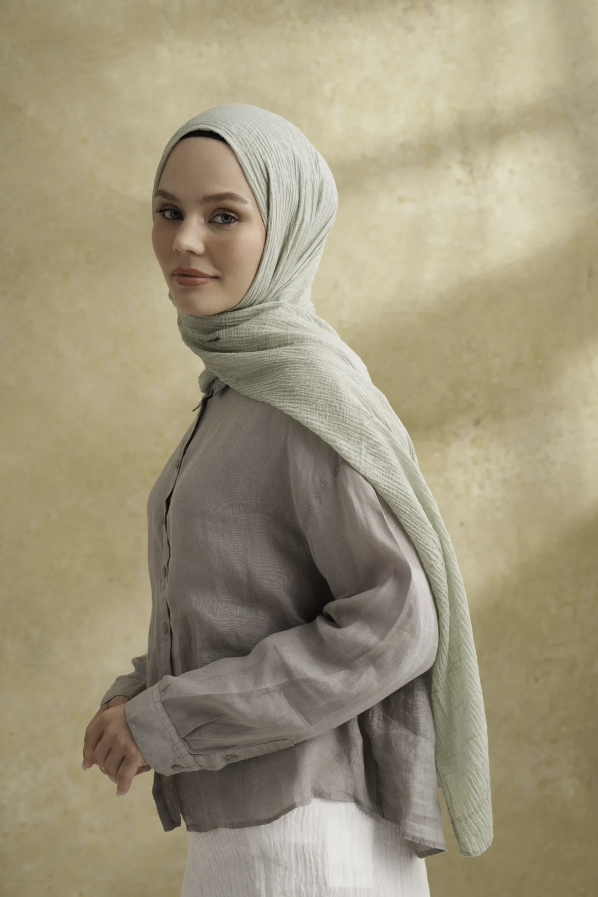 Müslin Yaprak Desen Şal 3351-205 Keten Yeşili 