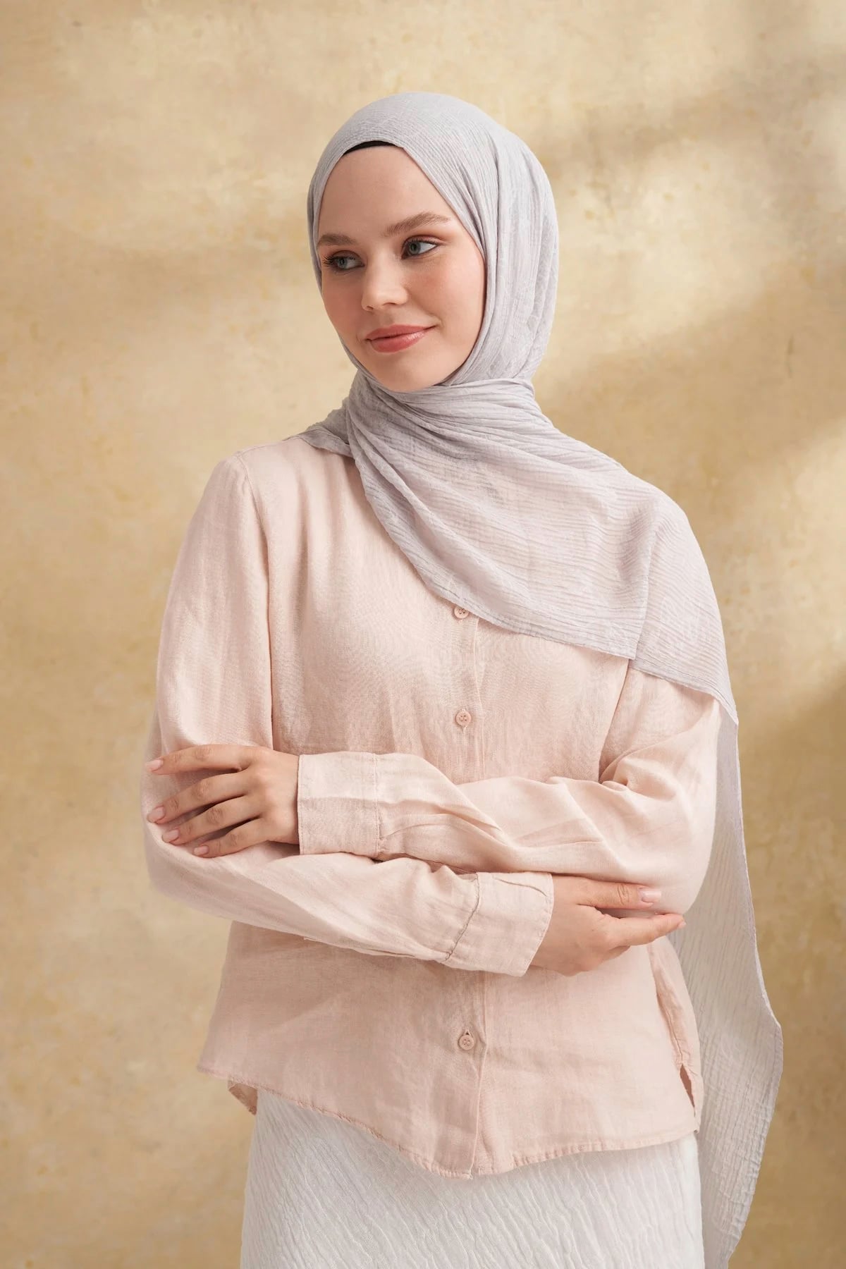 Müslin Yaprak Desen Şal 3351-311 Gümüş 