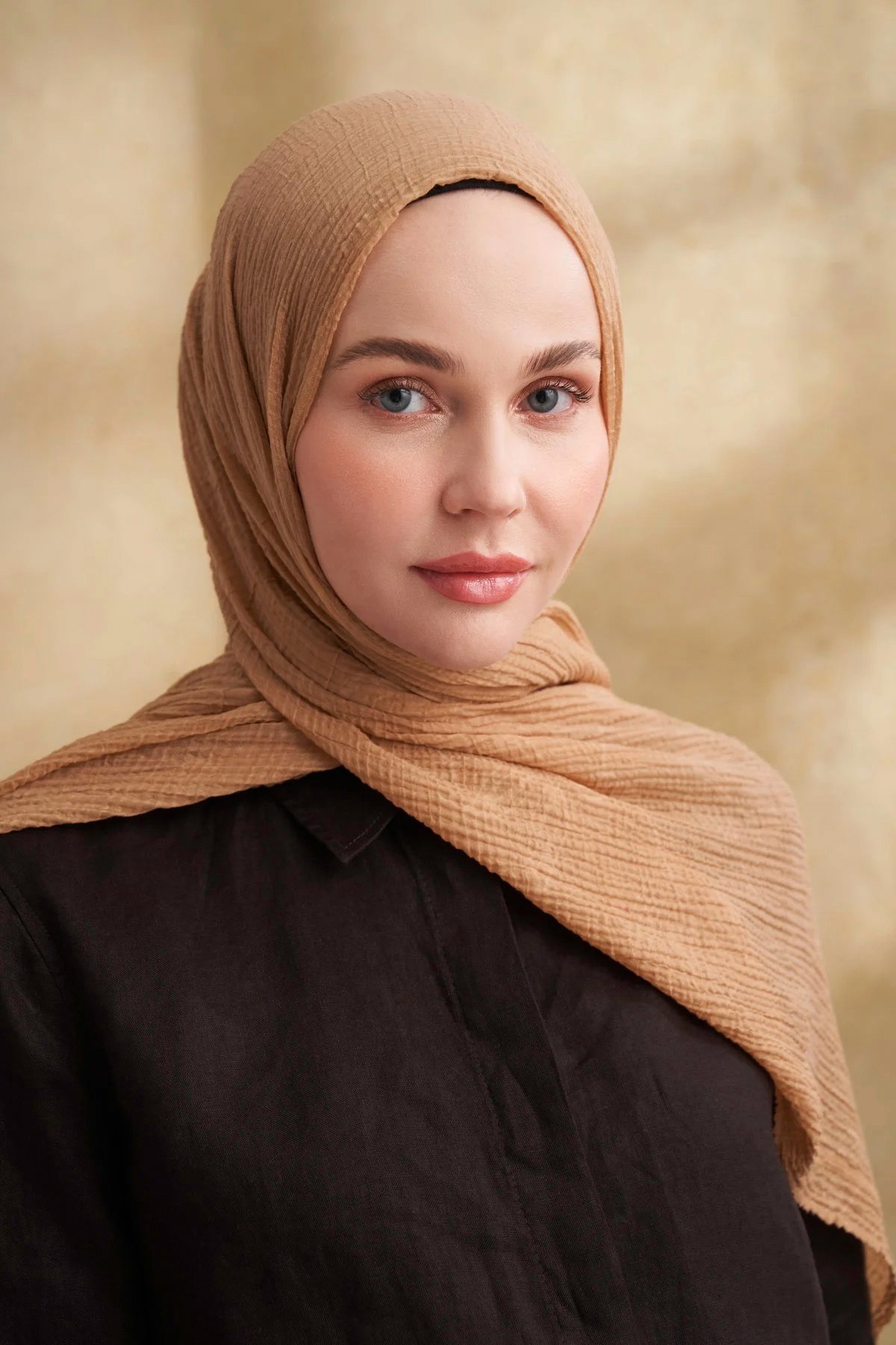 Müslin Yaprak Desen Şal 3351-711 Koyu Bej 