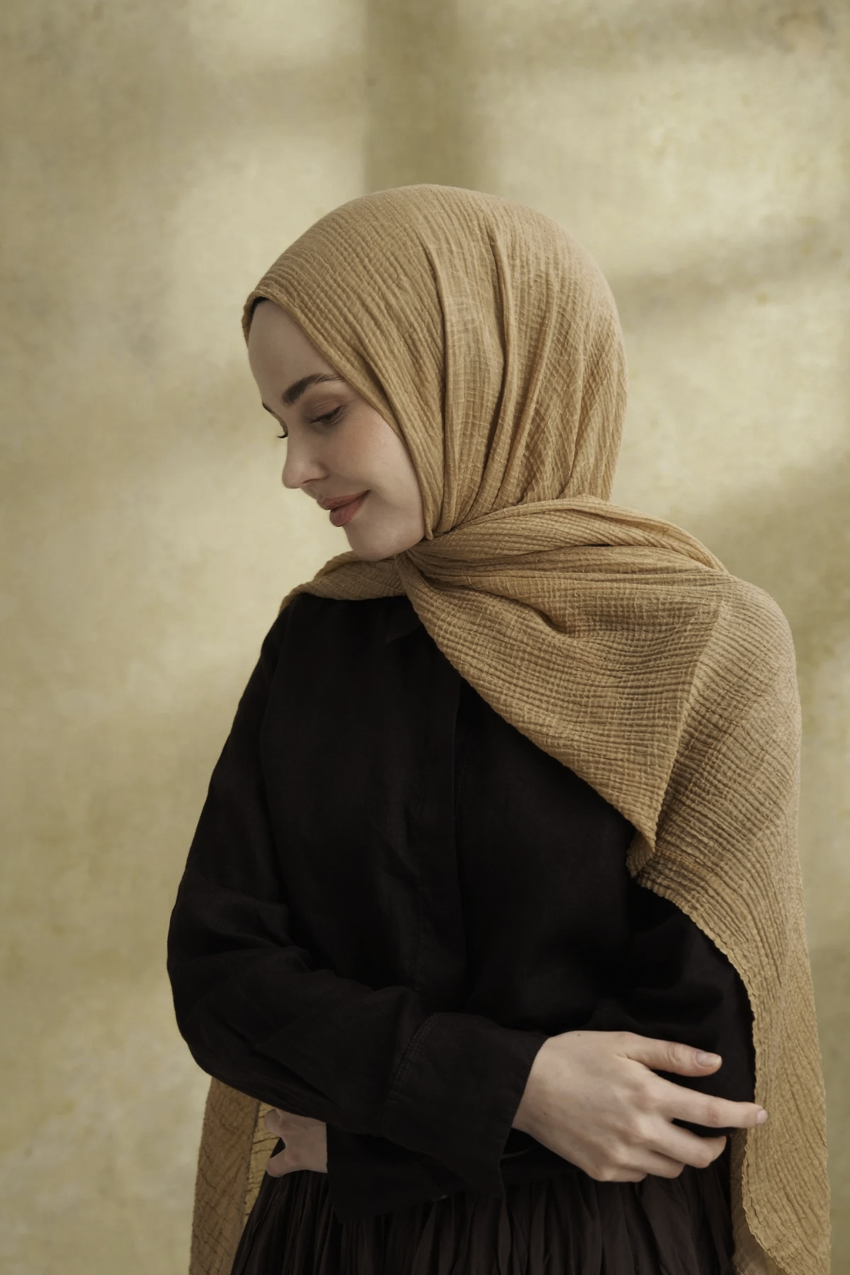 Müslin Yaprak Desen Şal 3351-711 Koyu Bej 