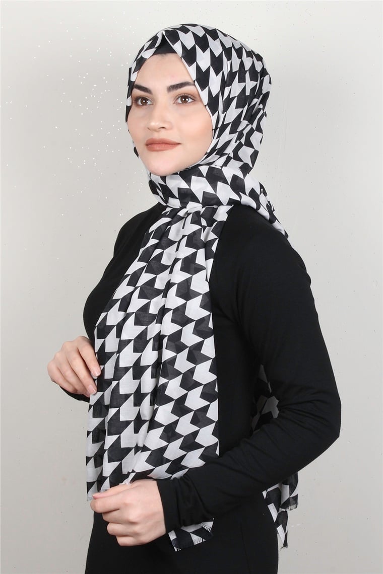 Pamuklu Desenli Şal 5753-1 Siyah-Beyaz