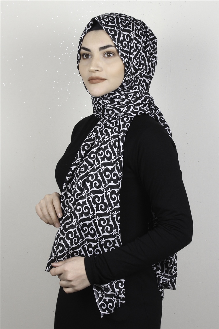 Pamuklu Desenli Şal 5753-12 Siyah-Beyaz