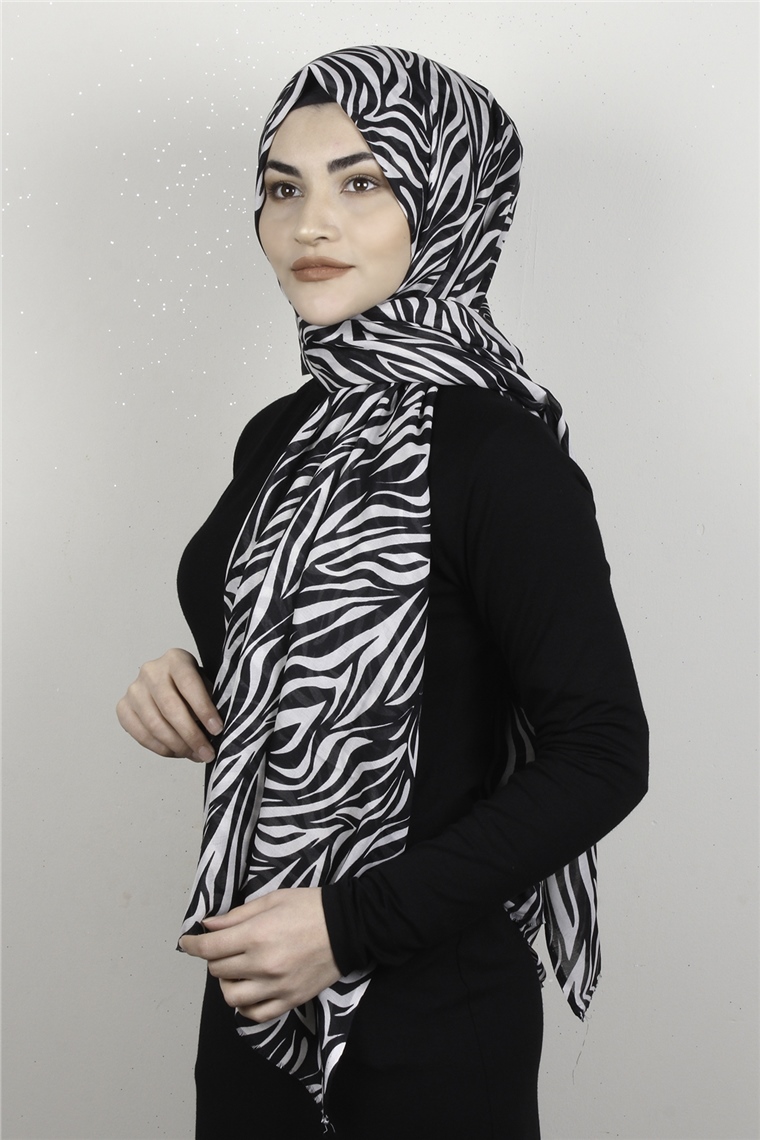 Pamuklu Desenli Şal 5753-13 Siyah-Beyaz