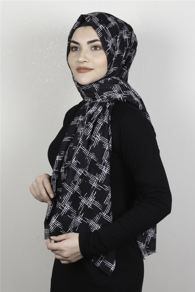 Pamuklu Desenli Şal 5753-14 Siyah-Beyaz