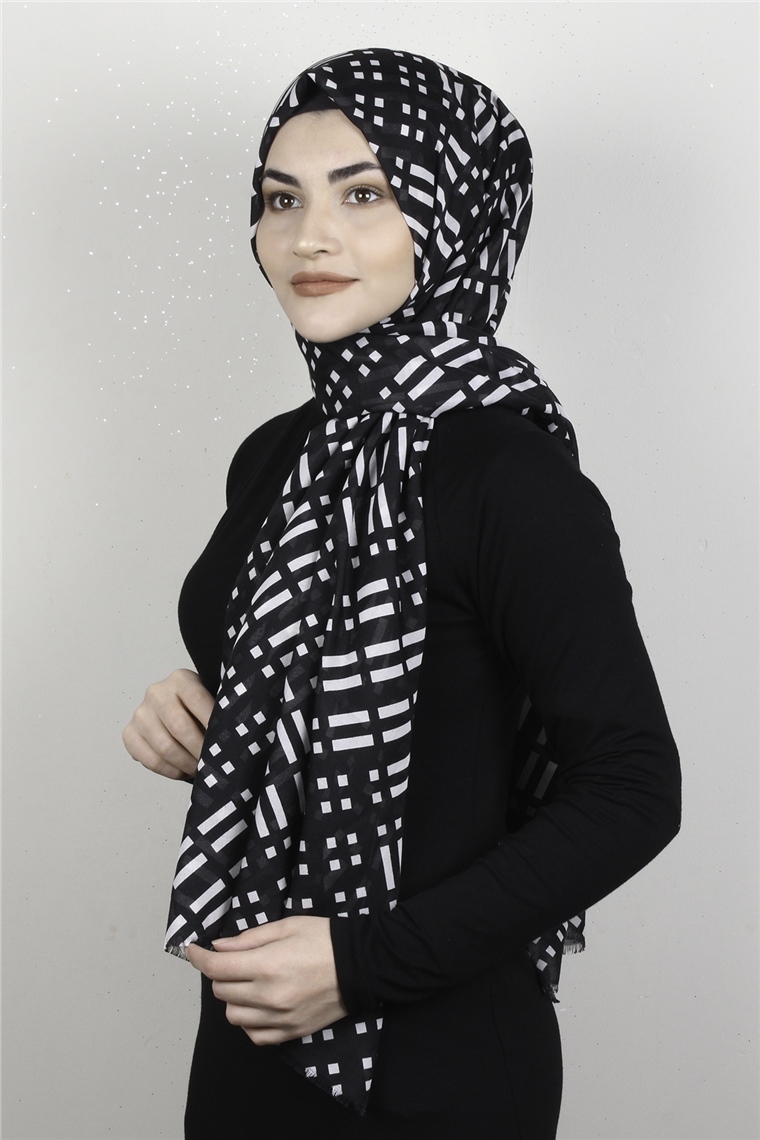 Pamuklu Desenli Şal 5753-15 Siyah-Beyaz