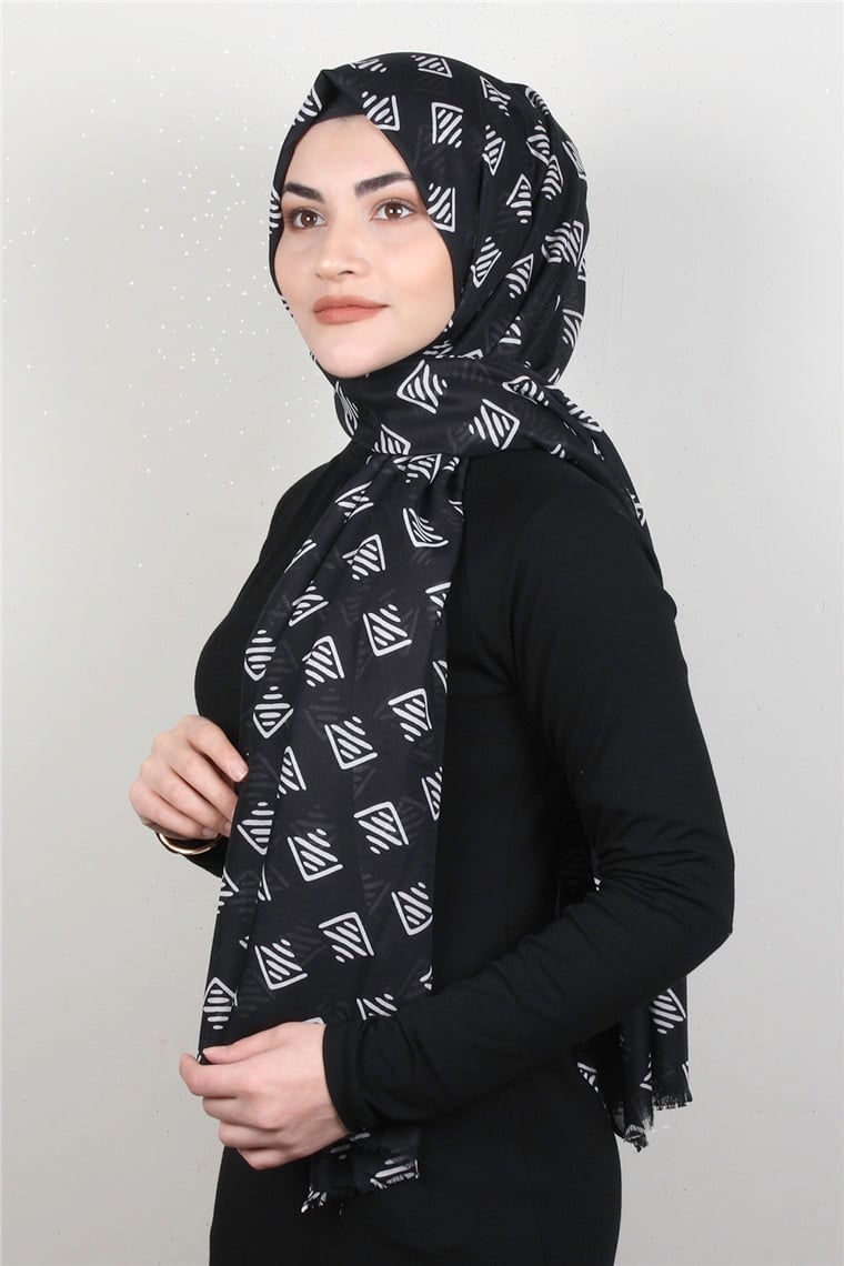 Pamuklu Desenli Şal 5753-18 Siyah-Beyaz