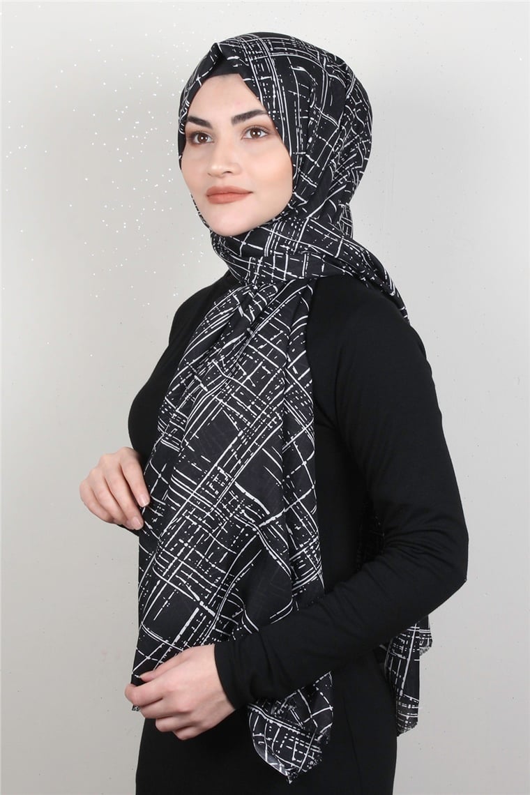 Pamuklu Desenli Şal 5753-19 Siyah-Beyaz
