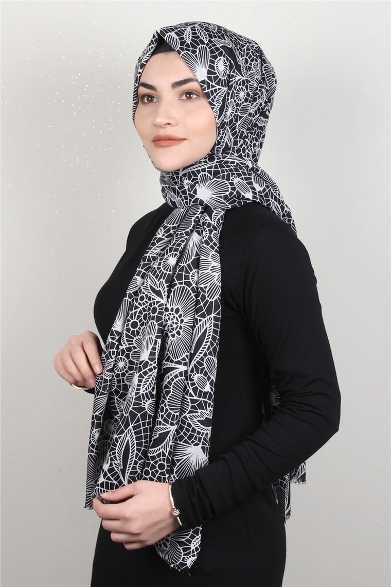 Pamuklu Desenli Şal 5753-20 Siyah-Beyaz