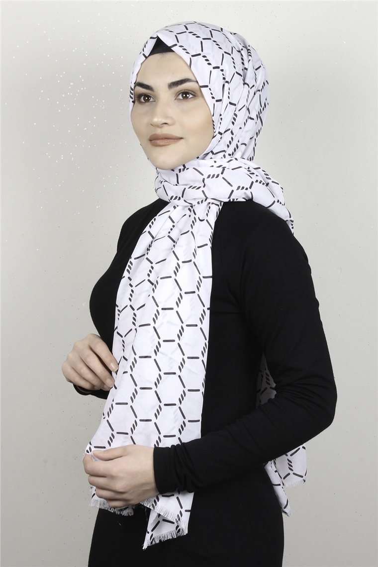 Pamuklu Desenli Şal 5753-23 Siyah-Beyaz