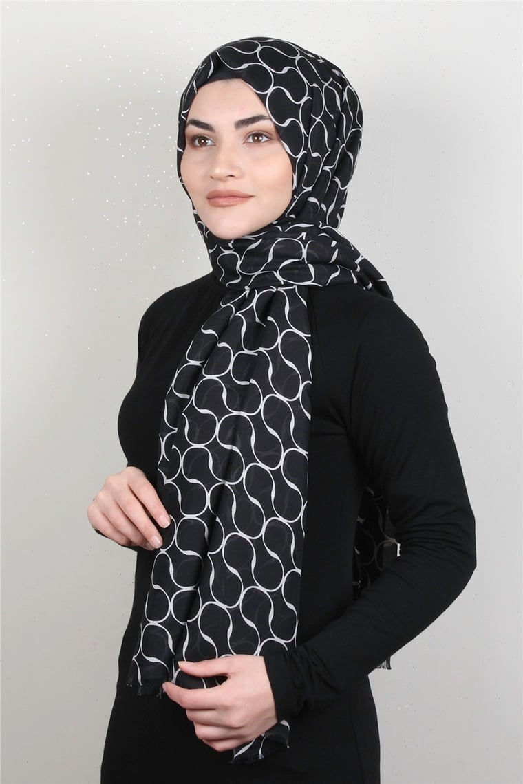 Pamuklu Desenli Şal 5753-24 Siyah-Beyaz