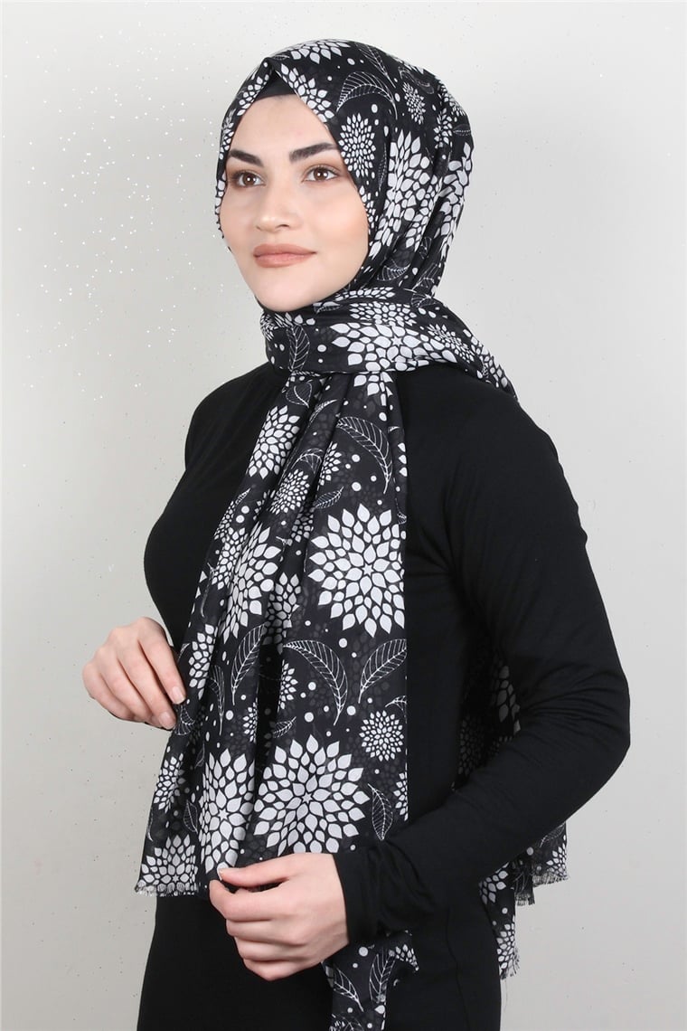 Pamuklu Desenli Şal 5753-25 Siyah-Beyaz