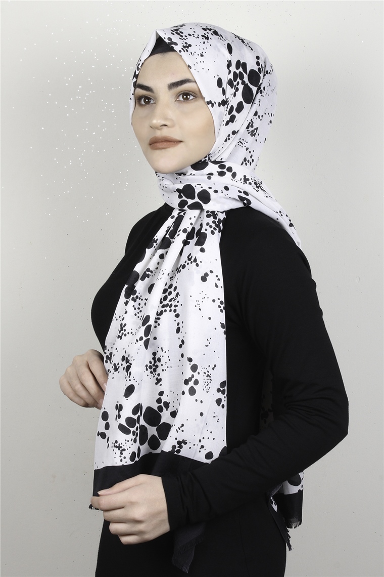 Pamuklu Desenli Şal 5753-9 Siyah-Beyaz