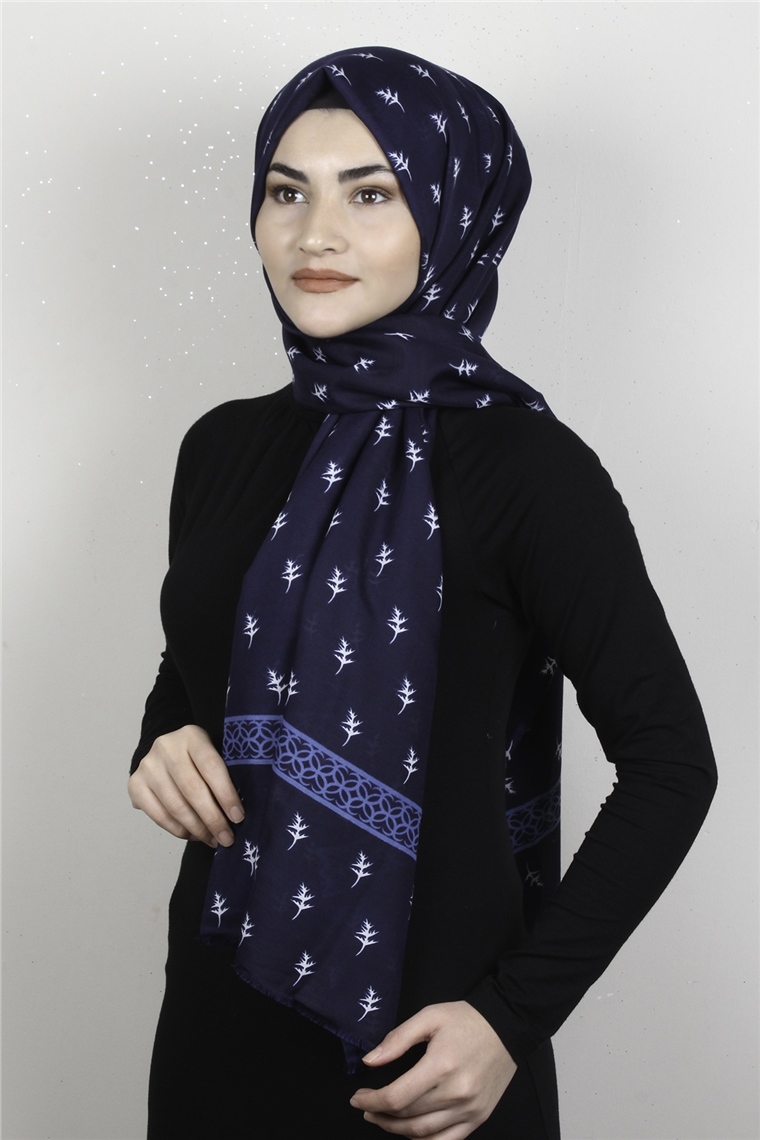 Pamuklu Desenli Şal 5754-3 Lacivert
