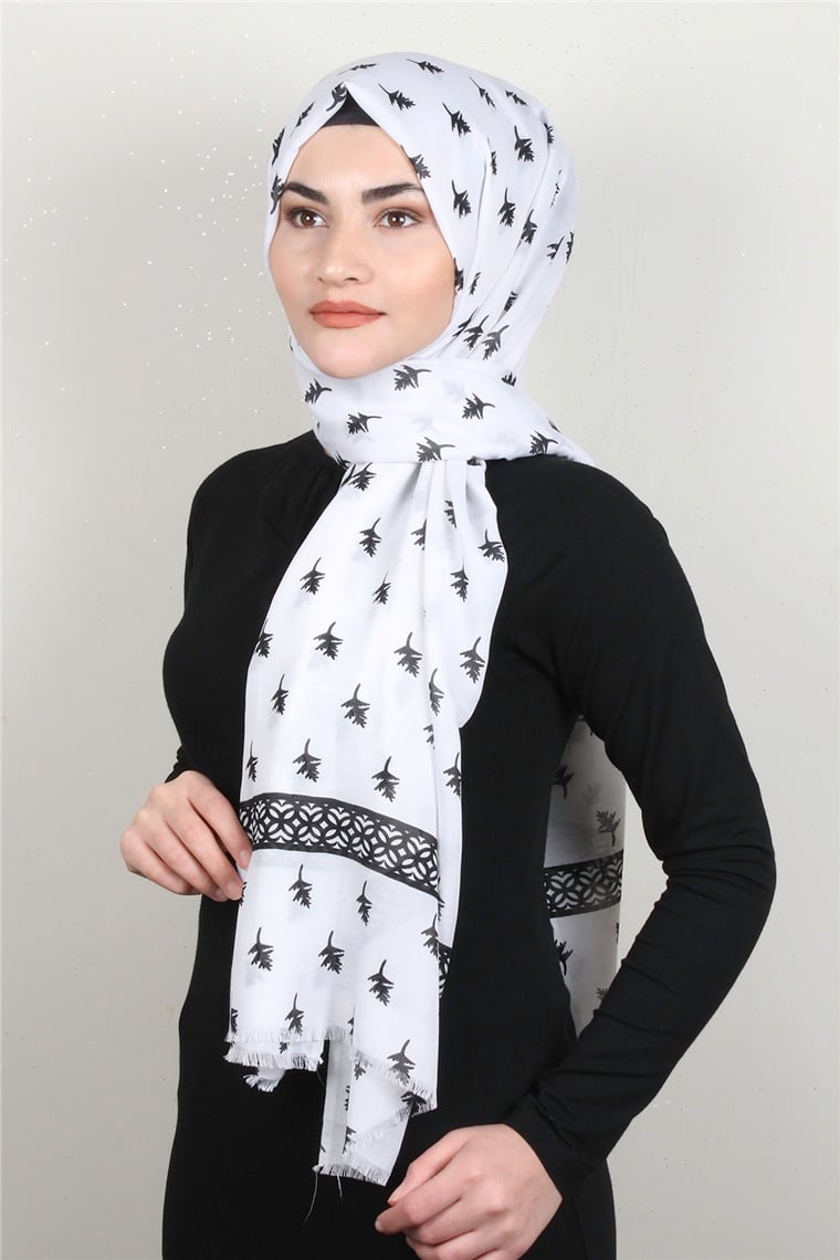 Pamuklu Desenli Şal 5754-4 Beyaz