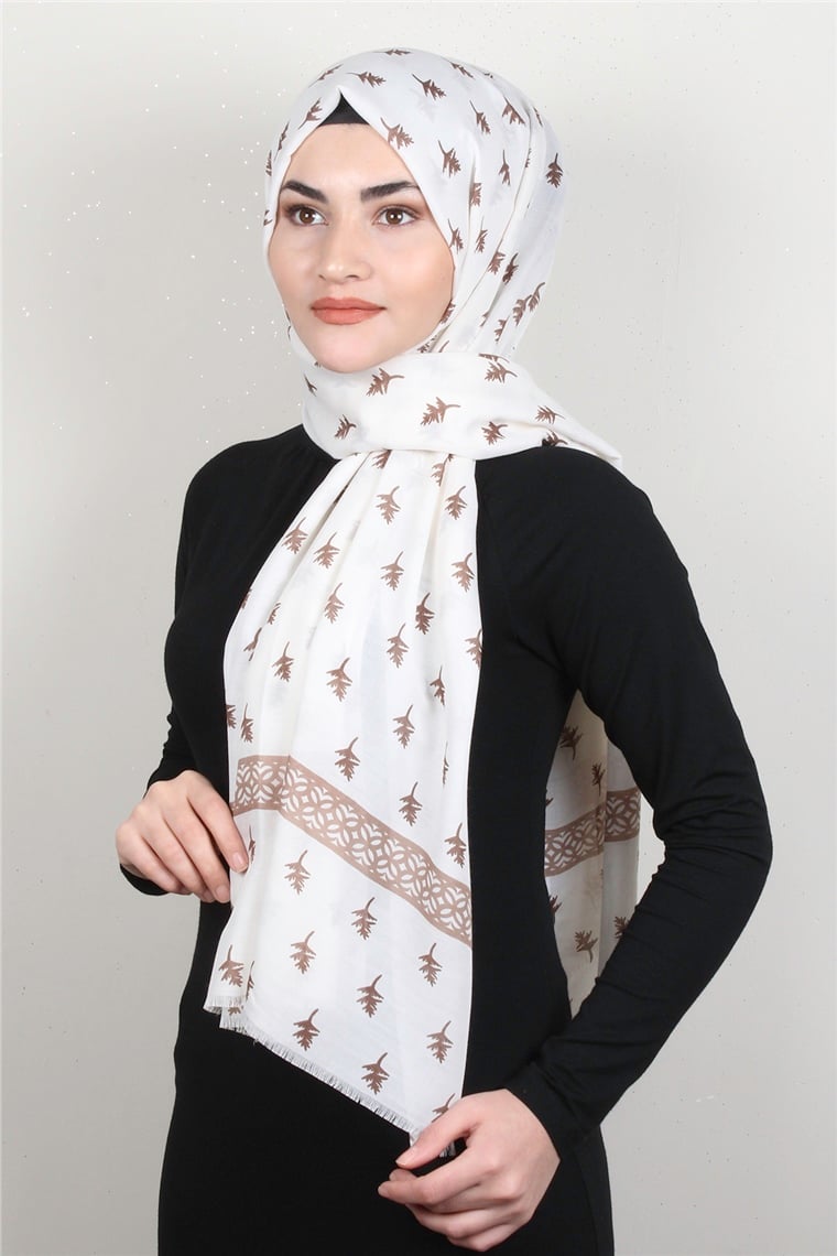 Pamuklu Desenli Şal 5754-7 Ekru