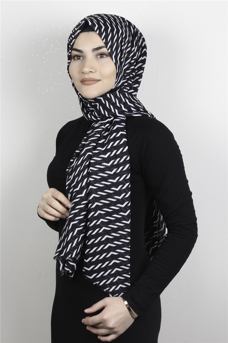 Pamuklu Desenli Şal 5757-15 Siyah Beyaz