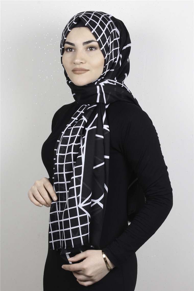 Pamuklu Desenli Şal 5757-16 Siyah Beyaz