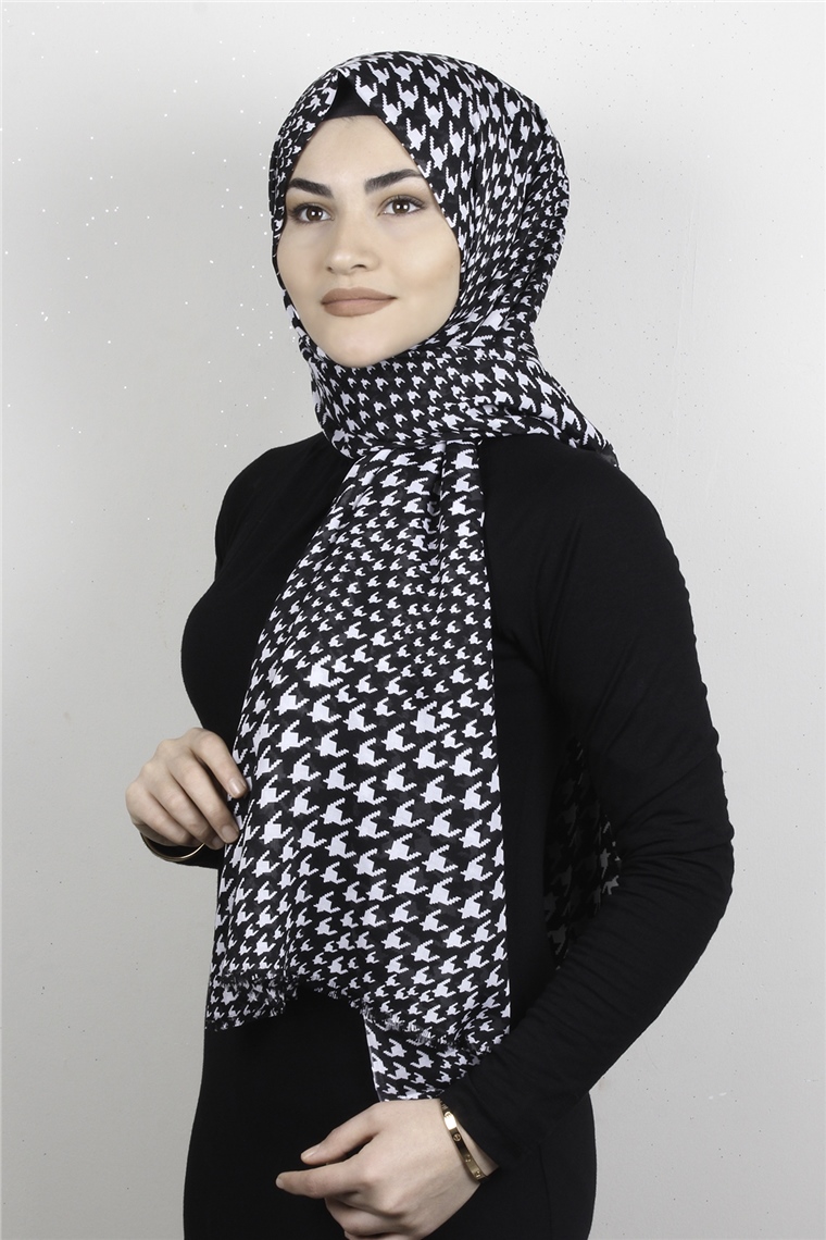 Pamuklu Desenli Şal 5757-17 Siyah Beyaz